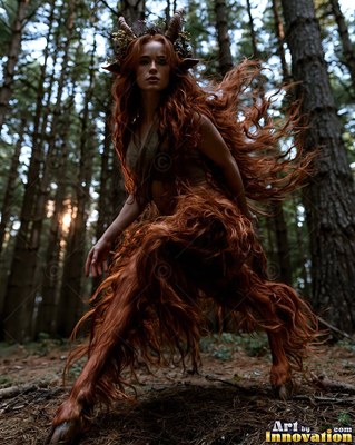 Crouching forward in a pine forest, a horned woman walks on furry goat legs