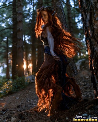 A satyr woman with long red hair and shaggy goat legs walks through the woods at sunset