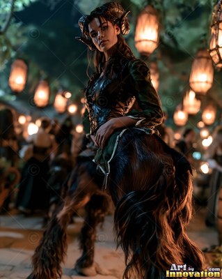 Under hanging lanterns, a horned woman with dark furry goat legs stands at night