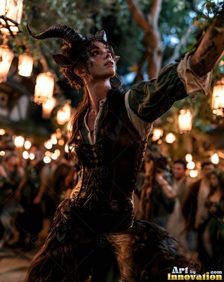 Reaching upward near warm lanterns, a horned satyr woman stands among a crowd