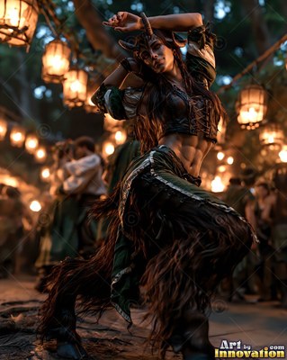 A woman with horns dancing among lanterns in a forest crowd