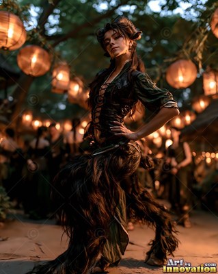 With a laced leather bodice, a satyr woman poses under round lanterns at an evening revel