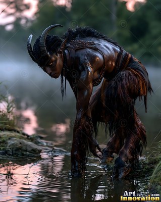 A satyr woman with horns crouches in dark water under soft pink dawn light