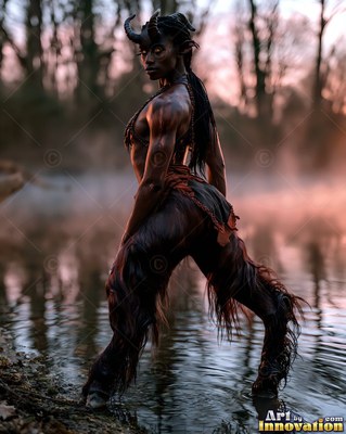 Standing in shallow water, a satyr woman with horns looks back at twilight
