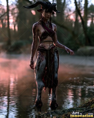 In a misty river, a horned satyr woman stands in shallow water at dusk