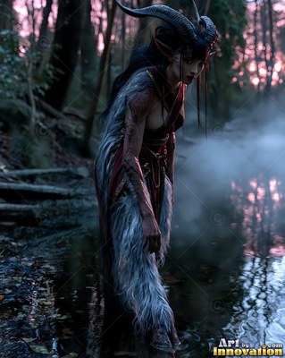 Wading in a misty forest stream, a horned woman with gray goat legs pauses at dusk