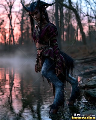 Horned satyr woman with furry legs of a goat wading in a misty forest pond