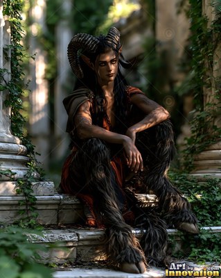Curled ram horns top a satyr woman sitting on vine-covered stone steps in the woods