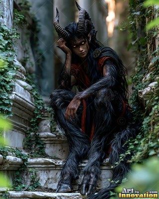 A woman with horns sits on stone steps, her dark fur shadowed beneath ivy-covered ruins