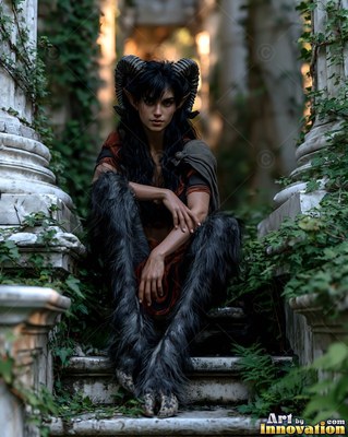 Seated on ruined stone steps, a satyr woman rests her arms on her furry knees