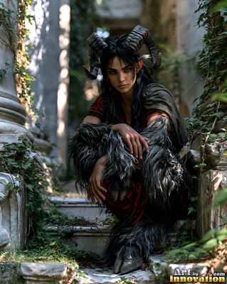 A satyr woman with horns crouches on stone stairs overgrown with ivy