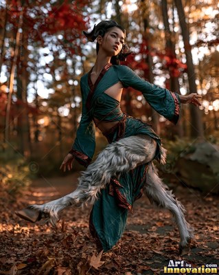 In an autumn forest, a woman with horns and furry fur-covered goat legs dances along a path