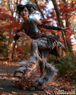 Kicking up autumn leaves, a woman with horns dances on furry legs of a goat in a sunlit wood