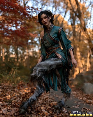 A satyr woman in green robes stands on dry autumn leaves