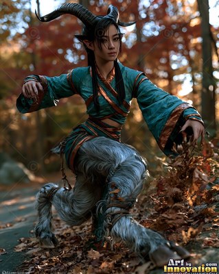 Long black horns curl from a woman in a green tunic crouching in autumn woods
