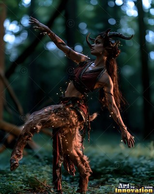 A satyr woman with horns dances in a dim forest with tiny lights draped over her fur