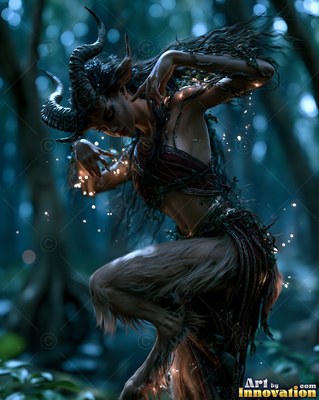 Leaping in a dark forest, a horned satyr woman dances with bent legs