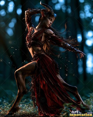 A satyr woman in a red skirt dances through a dark forest at night