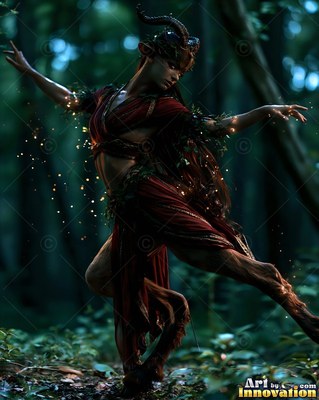 In a dark forest, a horned satyr woman dances in a red wrap with sparks around her