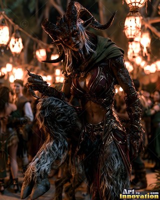 Prowling through hanging lanterns, a horned satyr woman lifts one hooved foot