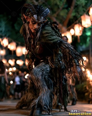 A horned woman crouches near hanging lanterns