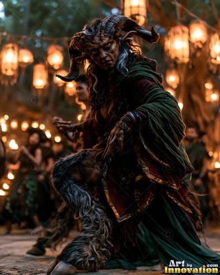 Large curved horns frame a satyr woman kneeling in green cloth near warm lanterns