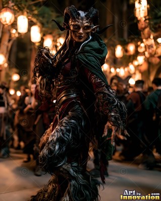 A woman with horns steps forward through a crowd under warm hanging lanterns
