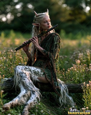 Seated on a log in a meadow, a horned satyr woman plays a wooden flute
