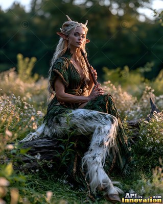 A horned satyr woman holds a wooden flute while resting on a fallen log in a field