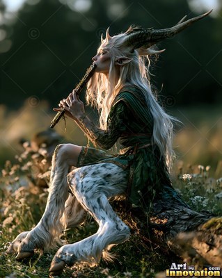 In a sunlit field, a satyr woman with horns sits on a log playing a wooden flute