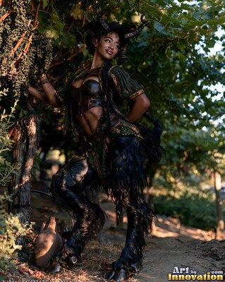 Dark curved horns crown a satyr woman with furry goat legs in a sunny vineyard