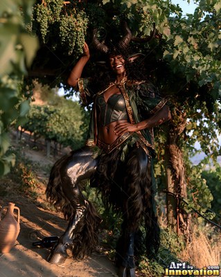 A satyr woman laughs among grapevine rows under warm afternoon sun