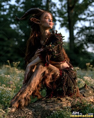 Sitting on a fallen log in the woods, a satyr woman gazes upward
