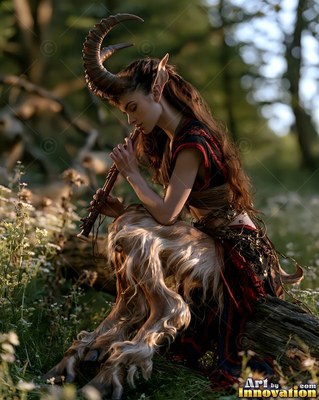 A horned woman sitting on a log in the woods plays a wooden flute