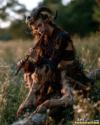 In a grassy field, a horned satyr woman plays a wooden pipe on a log