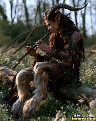 Playing a wooden flute, a satyr woman sits on a fallen log in a forest meadow