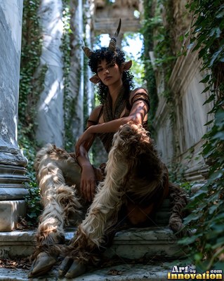 Satyr woman with horns sitting on stone ruins steps