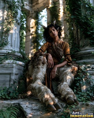 Curled horns rise from the hair of a satyr woman resting among ivy-covered stone ruins