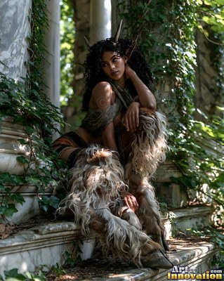 A woman with horns sits on stone steps as soft daylight filters through green ivy