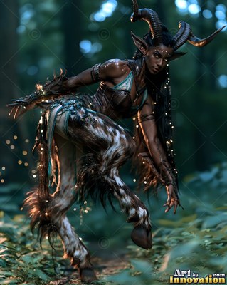 A horned satyr woman with spotted goat legs creeps through a dark green woods