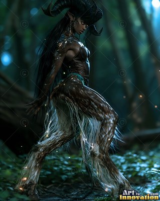 In a dark forest, a satyr woman with furry shaggy goat legs strides forward