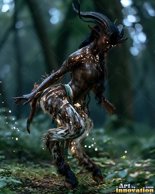 Satyr woman with long horns poses in a dark forest