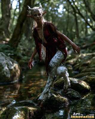 Spotted furry goat legs carry a horned woman in a red tunic over rocks in a dark forest stream