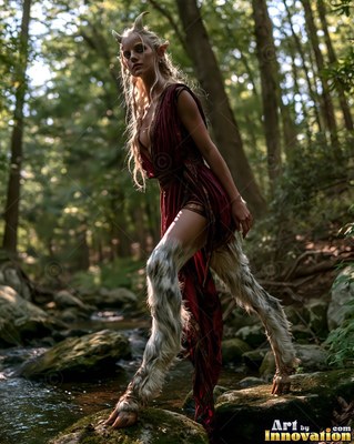 A satyr woman steps across a rocky creek in a forest under dappled green light