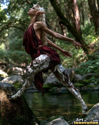 Leaping between mossy rocks in a forest stream, a horned satyr woman stretches out her arms