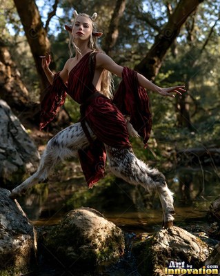 A horned woman with spotted fur-covered goat legs leaps across rocks in a shallow creek