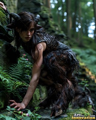In a damp forest, a satyr woman crouches low on mossy rocks