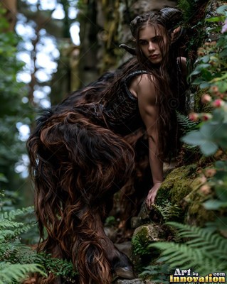Crouching on mossy rocks, a horned satyr woman with dark furred legs looks back