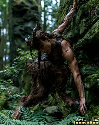 Horned satyr woman climbs down mossy green rocks in a forest