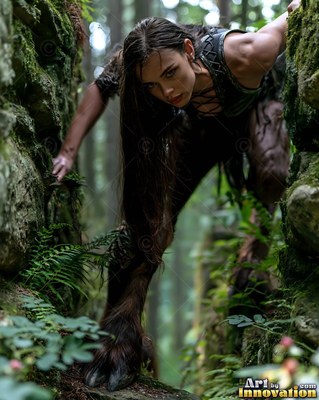 Wearing a dark leather vest, a satyr woman climbs between mossy rocks in a forest